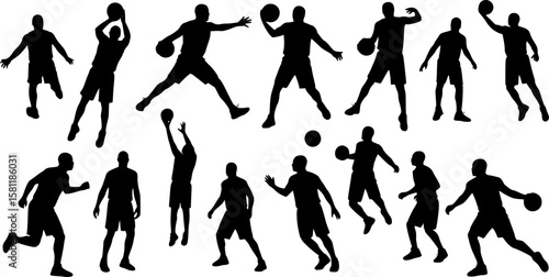 Basketball; group of basketball players; set of vector silhouettes. High contrast illustrations