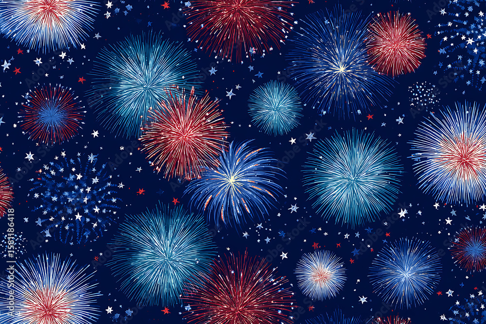 Naklejka premium Festive Fireworks Display Red Blue White Burst Celebration Night Sky Pattern Seamless Texture red fireworks
