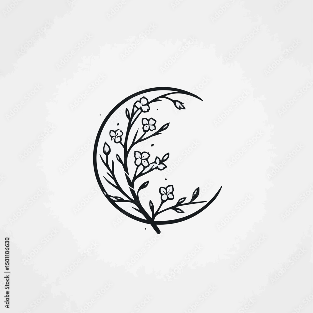 Fototapeta premium Floral crescent moon drawing with delicate flowers and leaves on white background 