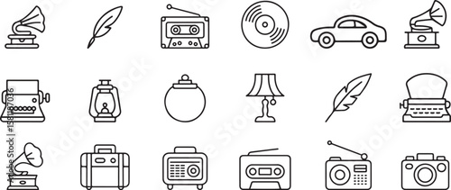 Vintage objects and technology icons gramophone feather