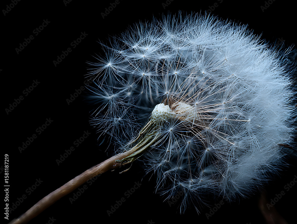 Fototapeta premium Close up macro shot of a delicate dandelion seed head against a dark background