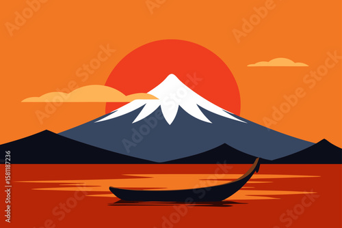 the lake with mount fuji and orange sky