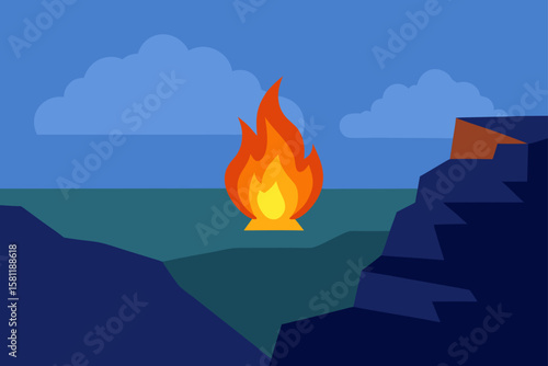 fire crackling near a rocky cliff overlooking