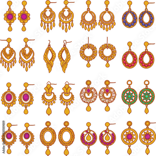 Vibrant Golden Earring Collection: A Diverse Vector and Illustration Set of Ornate Jewelry Designs with Colorful Accents, Perfect for Fashion and Cultural Themes.