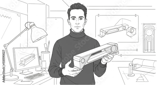 Professional industrial designer presenting a product prototype in a workshop. Line art illustration of engineering and concept development.