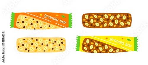Cute hand drawn flat granola bars with vegan sign green leaf isolated on white background. Protein snacks in packet. Hand written text.