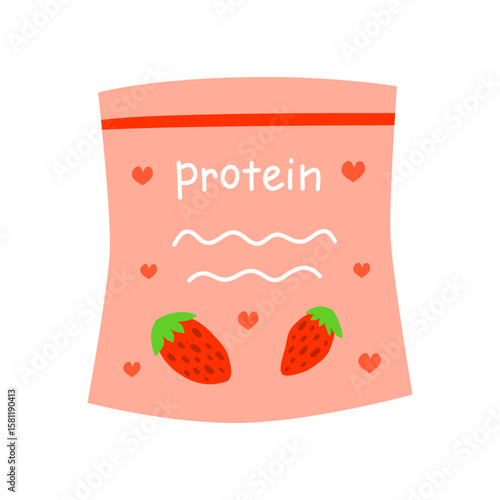 Flat whey protein supplement with strawberry flavor in packet isolated on white background. Healthy product for sportsman. Drinking protein powder icon.