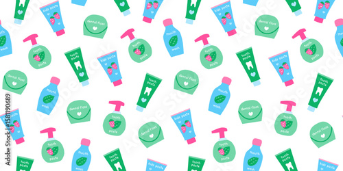 Seamless pattern with hand drawn flat tooth paste. Dental care background.
