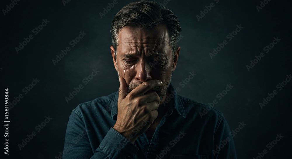 Fototapeta premium Dramatic Portrait of a Man Crying, Tears Streaming Down His Face with Emotional Anguish