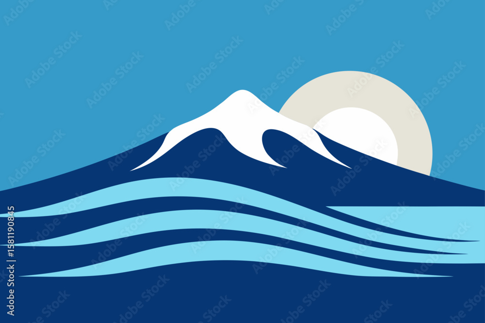 Naklejka premium stylized waves in lake reflecting fuji s shape