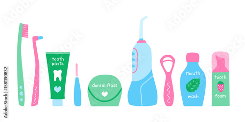 Set of cute hand drawn flat dental care products and stomatology equipment isolated on white background. Bathroom accessories, toiletries. Oral hygiene and teeth, gums care.