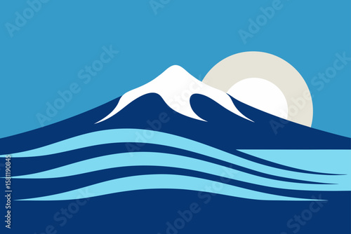stylized waves  in lake reflecting fuji s shape