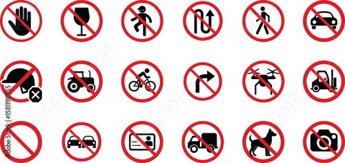 Red prohibition signs icon set – safety symbols with strike-through circle for danger, restriction, warning, and control regulations