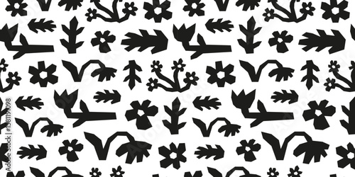 Black and white seamless pattern with paper cut flowers and leaves. Boho contemporary minimalist background.