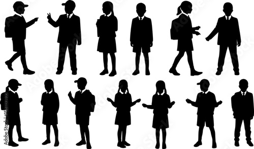 Collection of school children silhouettes in school uniform. Vector illustration.