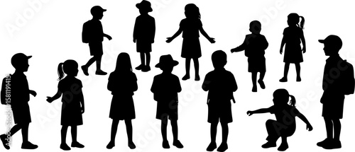 Collection of school children silhouettes in school uniform. Vector illustration.