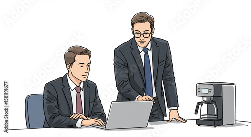 Business Colleagues Collaborating on Project, Laptop and Coffee Machine