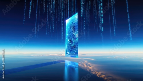 Sci-fi portal emerging from ocean with glowing binary code raining from the sky. Surreal futuristic scene ideal for conceptual digital designs. Generative AI