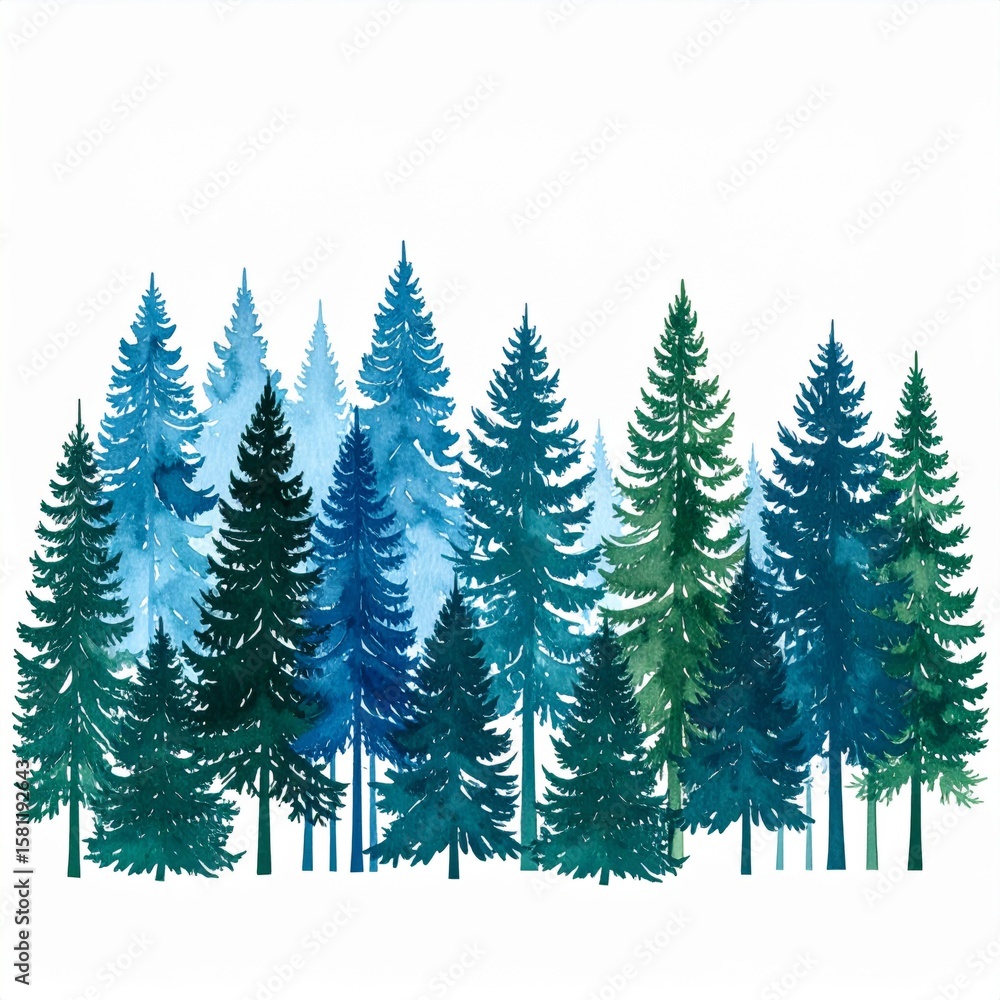 Obraz premium Watercolor Evergreen Trees in Varying Shades of Blue and Green Forest Design