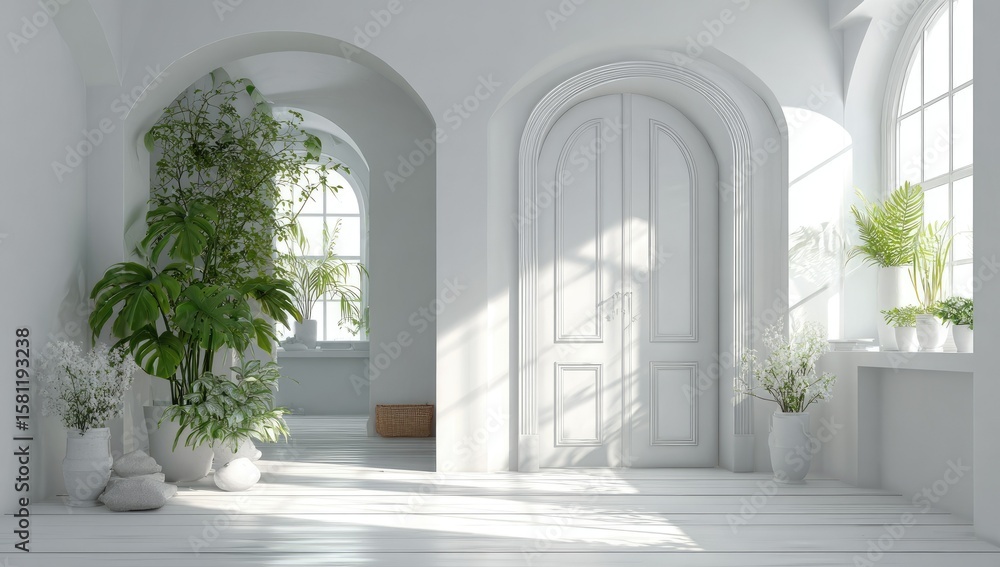 Fototapeta premium Serene White Interior: Sunlit minimalist hallway with arched doorways, potted plants, and white walls creates a calm and peaceful atmosphere.