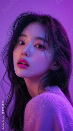 Portrait of a young Korean woman with long hair in a purple-lit setting, highlighting her features and expressive gaze
