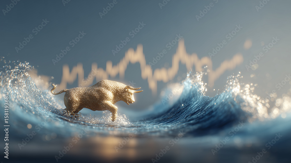 Fototapeta premium Golden Bull Surging Through Ocean Waves Against Dynamic Stock Chart Symbolizing Market Optimism