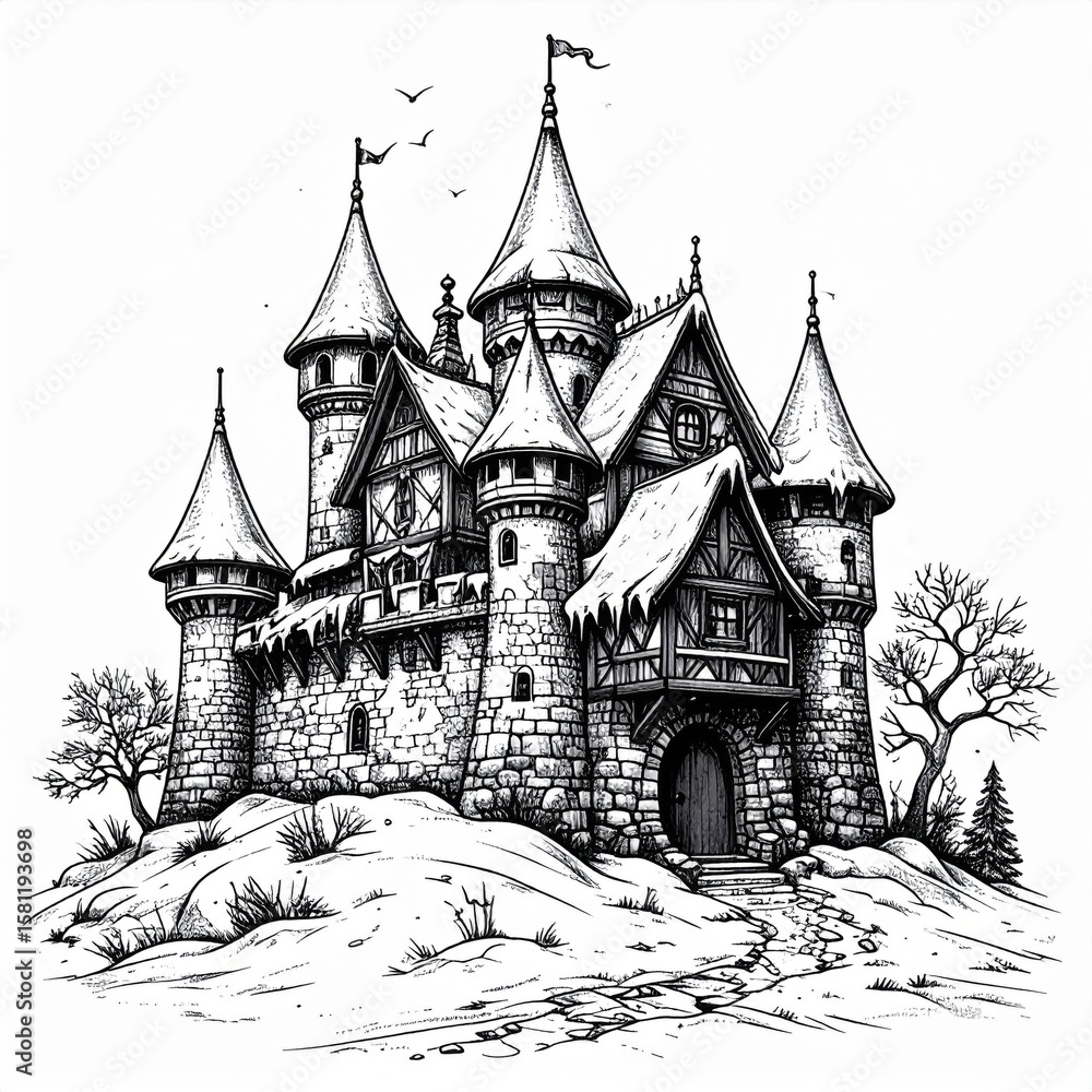 Obraz premium Detailed Black And White Illustration of Fantasy Stone Castle with Towers