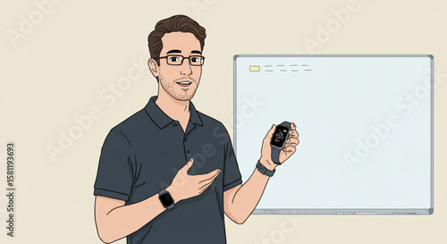 Businessman character in a modern flat vector illustration presenting wearable technology with a smartwatch.