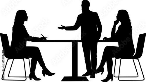 vector silhouette of a man and a woman at a table negotiating on a white background