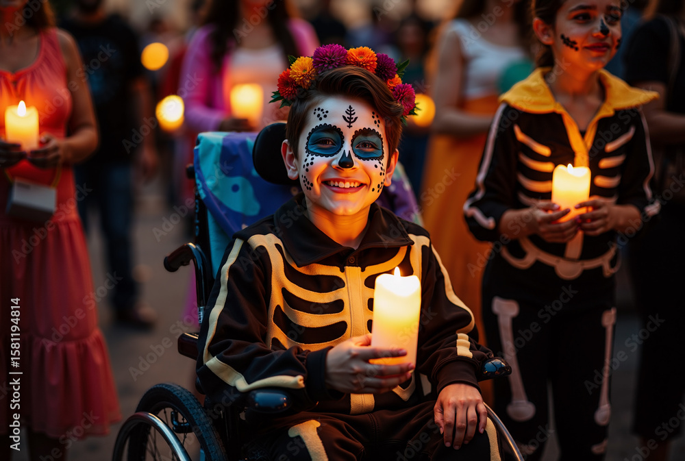 Fototapeta premium Young boy wearing skeleton costume and face paint holding candle during a festive celebration, surrounded by people in colorful costumes at night