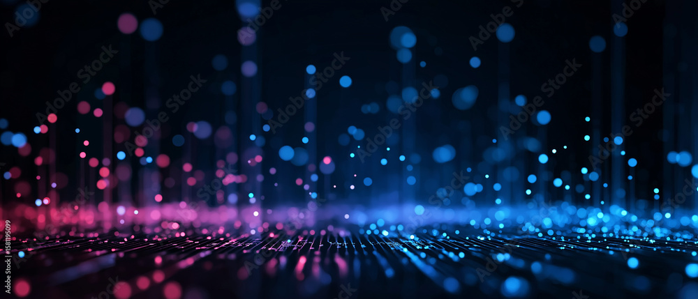 Obraz premium Abstract digital background with blue and purple lights in the dark space. Digital data flow, big data technology concept.