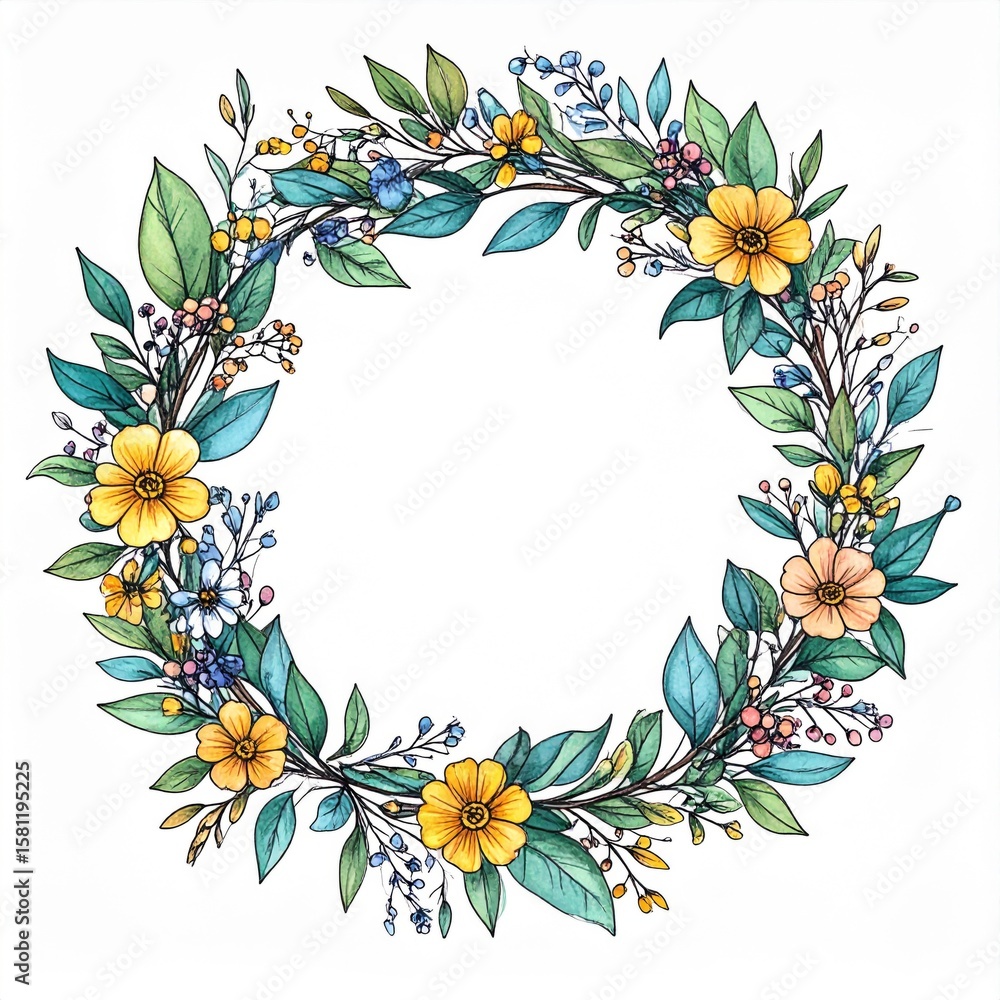 Naklejka premium Floral Wreath with Yellow Flowers and Green Leaves Watercolor Illustration