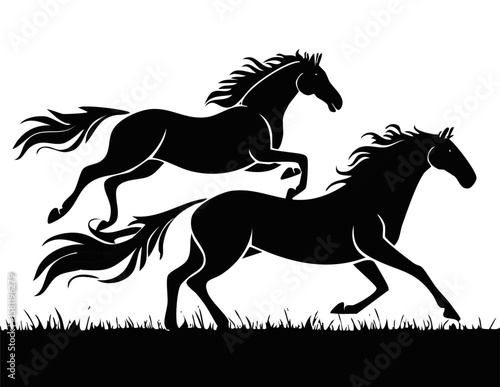 Silhouette icon vector set of horses and horseshoes in elegant minimal style, featuring galloping horses, hoofprints, and iron shoes—ideal for equestrian graphics, farm branding, and western-themed de
