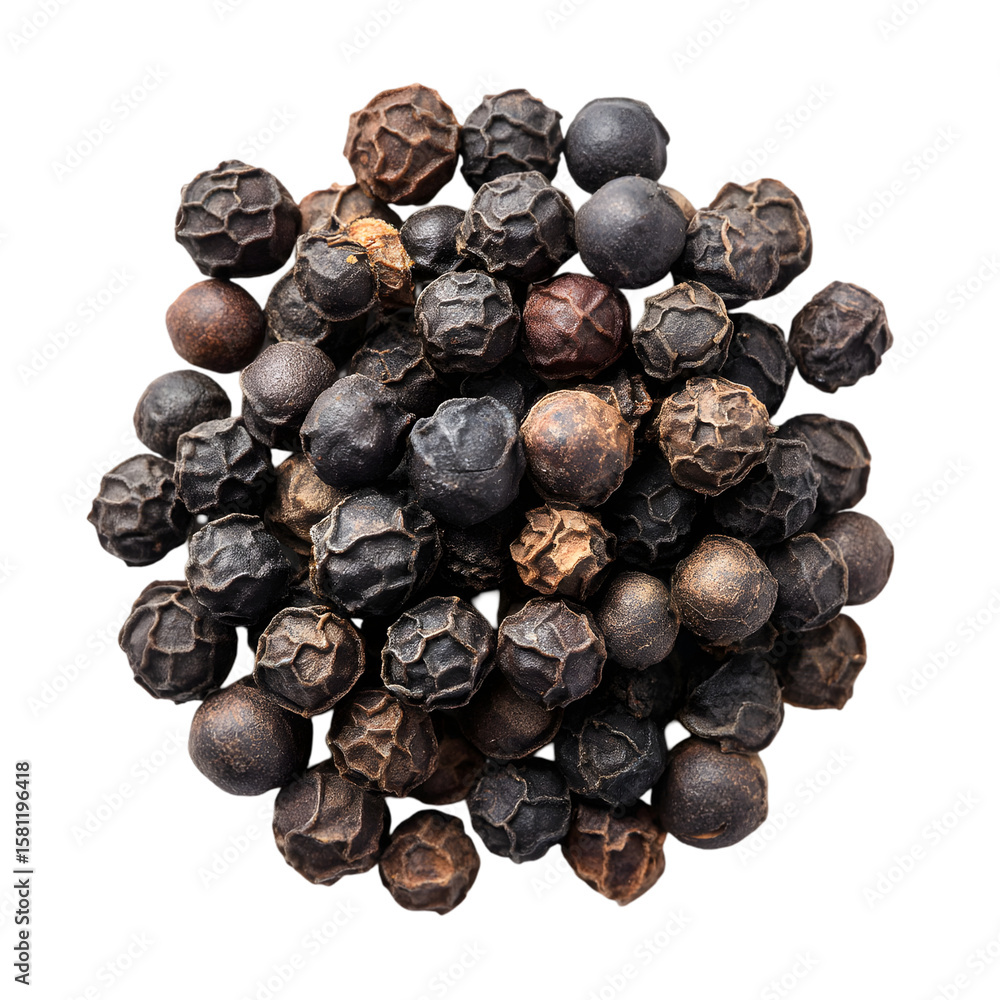 Obraz premium Close up macro shot of a pile of whole black peppercorns isolated on transparent background