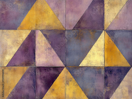 A bold pattern of sharp, overlapping triangles in soft lilac and muted mustard tones. 