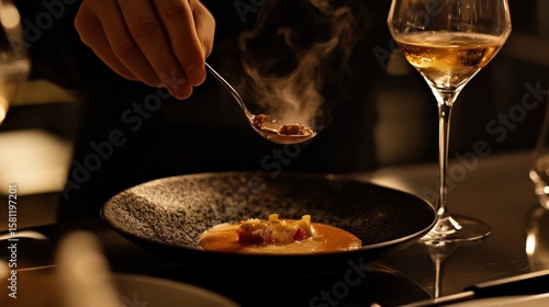 Exquisite dish being plated in a fine dining setting.