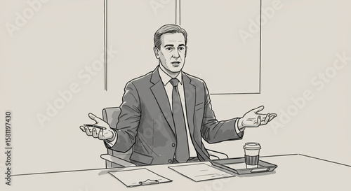 Businessman in a Suit Sitting at a Desk, Gesturing with His Hands During a Meeting
