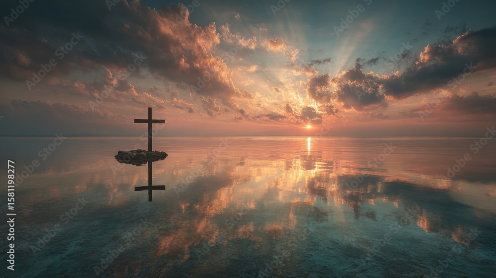 Naklejka premium A scenic view captures the serene moment of sunrise casting vibrant colors over calm waters. A simple cross stands on a small rocky island, mirroring the beautiful sky.
