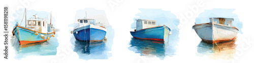 Set of watercolor ship boats on calm water reflection isolated on transparent background