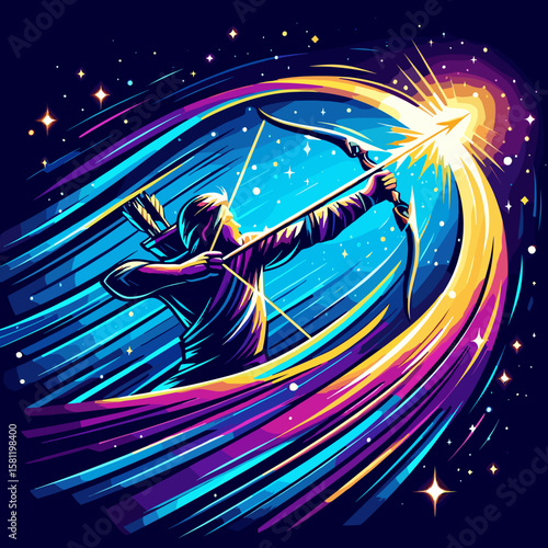 Sagittarius zodiac illustration with archer shooting arrow toward shining stars in a dynamic cosmic scene for celestial astrology art and visionary fire sign symbolism