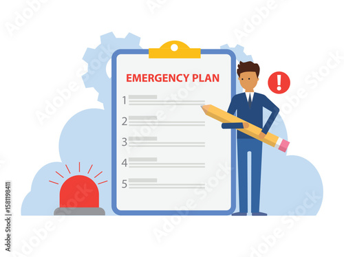 Emergency action plan, man holding pencil standing next to siren and paper with list of action plans.