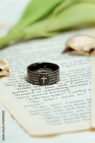 Black Ring with Lord's Prayer in Spanish on an Open Book