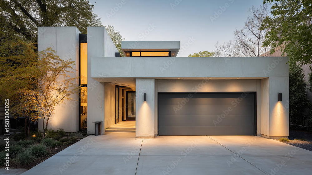 Fototapeta premium Modern minimalist house garage exterior with clean lines, simple design, and stylish architecture in contemporary style.