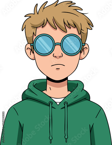 Young man wearing round blue glasses and green hoodie with serious expression vector illustration