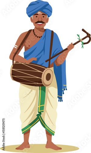 Traditional Indian man playing dhol drum wearing turban and dhoti cultural music vector illustration