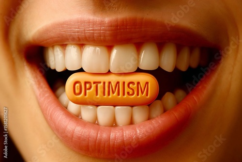 Close-up of a smile with a capsule labeled “OPTIMISM” between healthy teeth. Conceptual image about positive thinking, emotional wellness, and dental health.