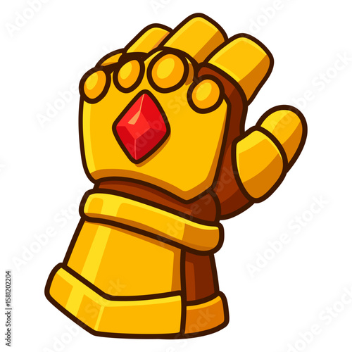 Cartoon Golden Gauntlet – Fantasy Armored Glove with Red Gem Illustration