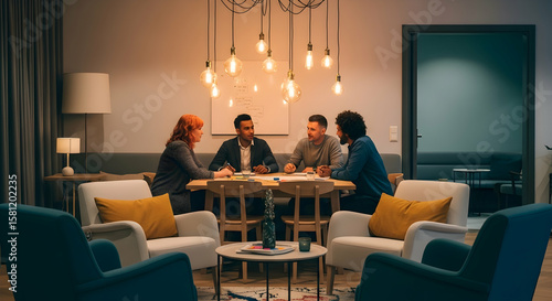 Fototapeta Naklejka Na Ścianę i Meble -  Diverse professionals collaborating in a modern office space during a brainstorming session