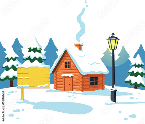 Snowy winter cabin with wooden signboard and street lamp surrounded by pine trees vector design