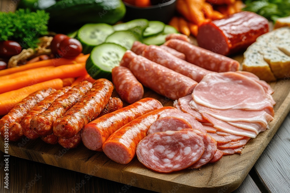 Assorted sliced meats and vegetables on a wooden board (1) Assorted sliced meats and vegetables on a wooden board (1)